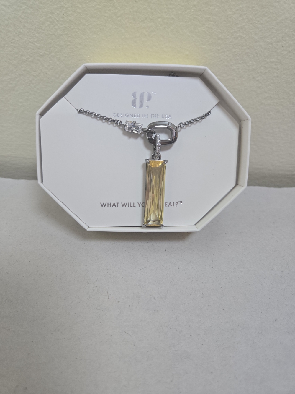 Bomb Party Silver Necklace with Yellow Rectangular Citrine Crystal Pendant